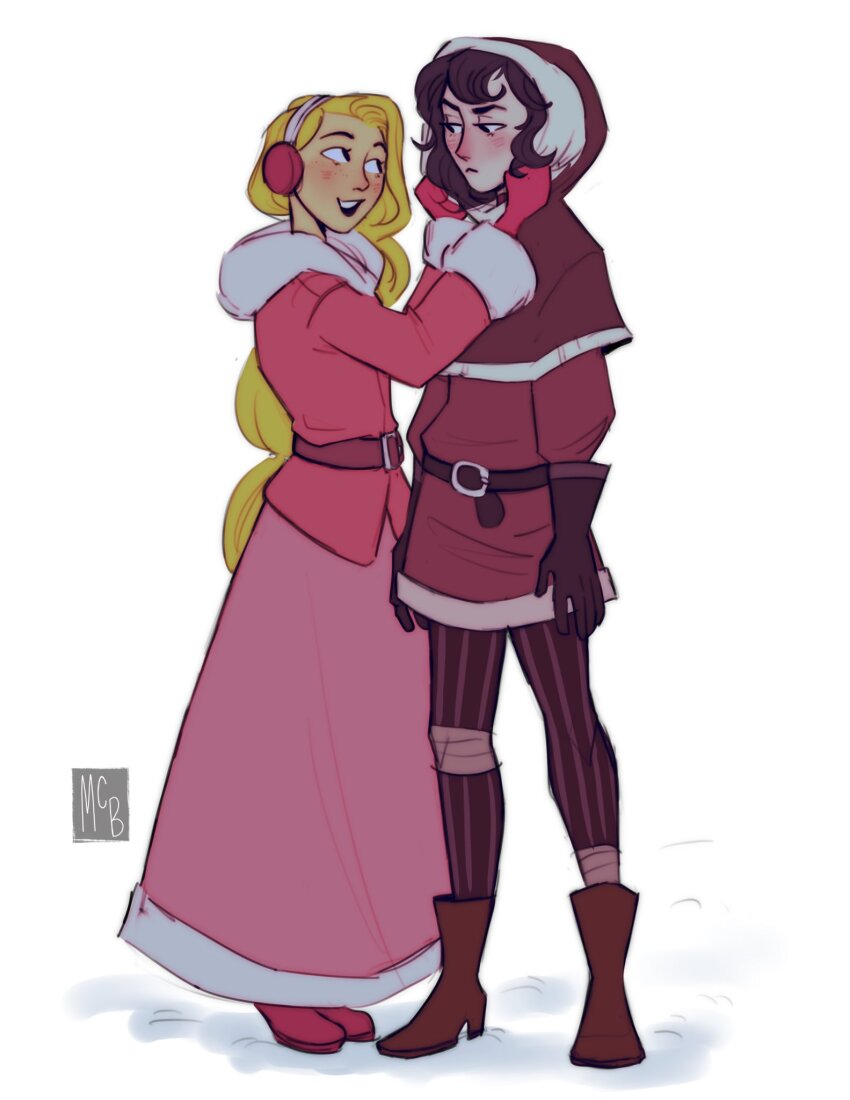 2girls, arms_at_sides, belt, black_hair, blonde_hair, blush, boots, cassandra_(tangled)