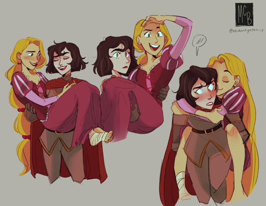 2girls, armor, bandages, belt, black_hair, blush, cape, carrying