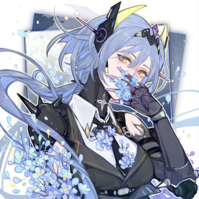 black_necktie, black_suit, blue_flower, blue_hair, bob_cut, chiko_(pgr), collared_shirt, flower