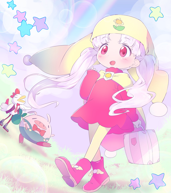 1girl, araessa, blush, boots, briefcase, brooch, cape, commentary_request