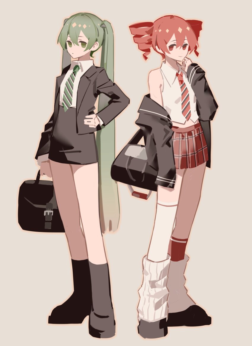 2girls, bag, bare_shoulders, breasts, chouti_ttt, collared_shirt, drill_hair, eyelashes