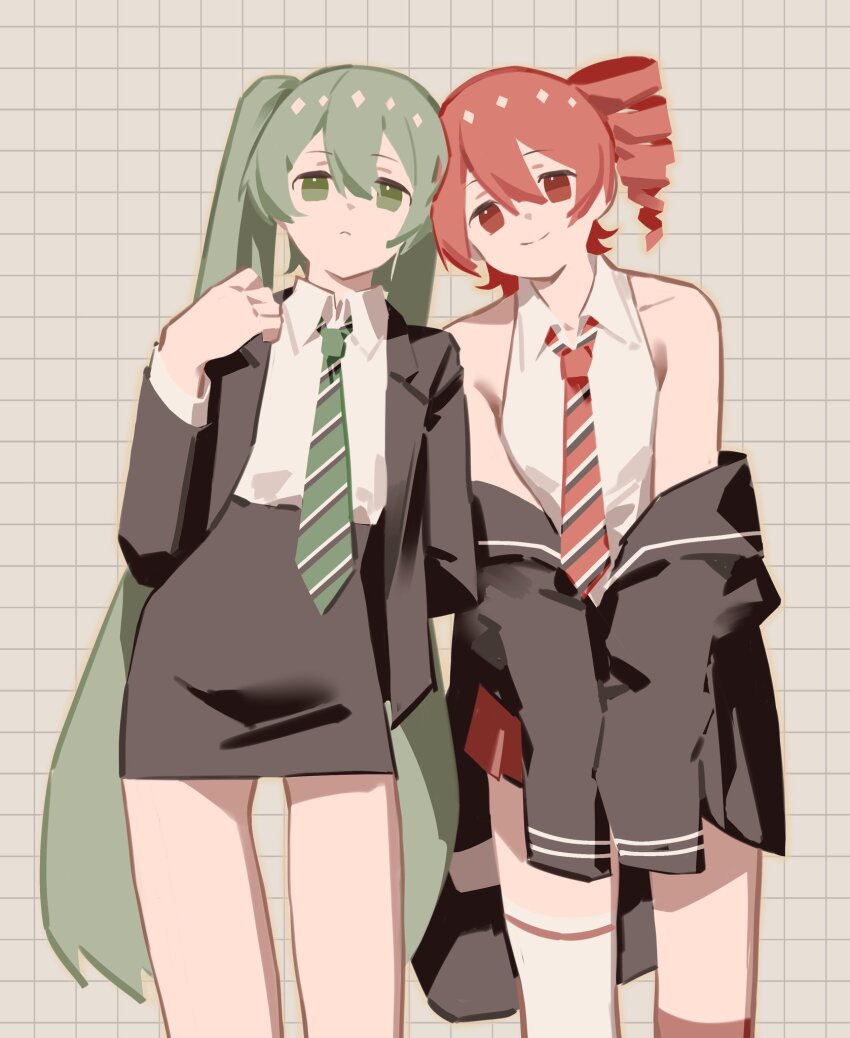 2girls, bag, bare_shoulders, breasts, chouti_ttt, collarbone, collared_shirt, drill_hair
