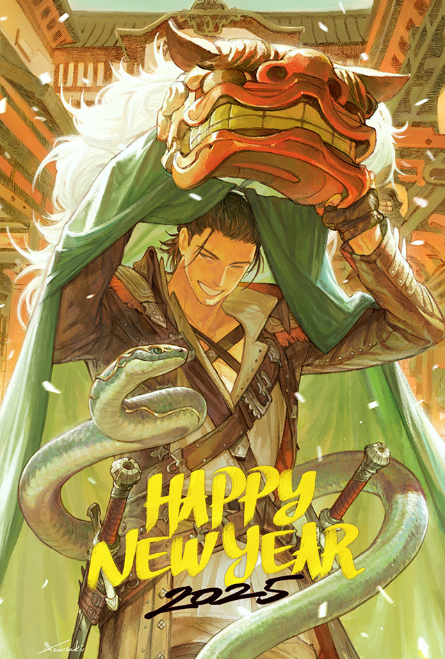 1boy, 2025, ;d, adventurer_(ff14), black_gloves, black_hair, chinese_zodiac, commentary