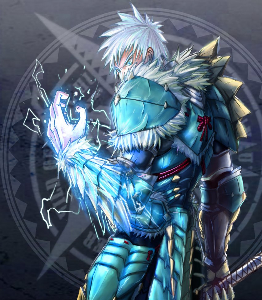 1boy, armor, capcom, electricity, green_eyes, highres, male_focus, monster_hunter_(series), monster_hunter_portable_3rd, short_hair, silver_hair, solo, symbol, uodo, weapon, zinogre_(armor)