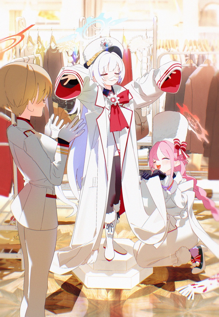 3girls, absurdres, arms_up, black_gloves, black_pants, blonde_hair, blue_archive, blue_halo