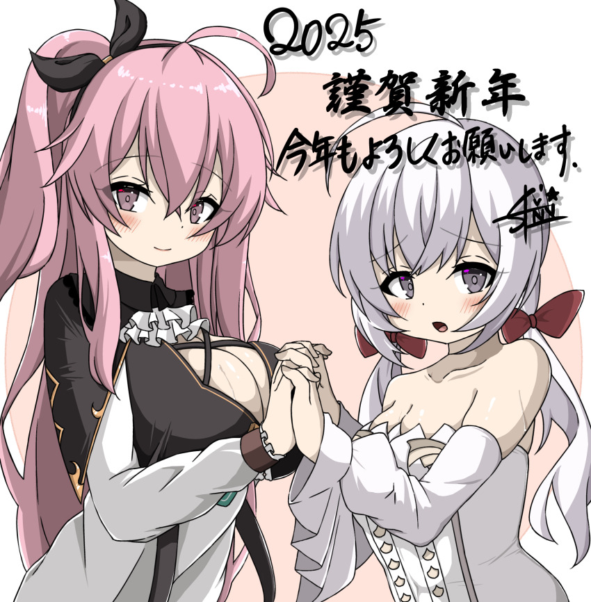 2025, 2girls, ahoge, azur_lane, bare_shoulders, black_bow, blush, bow