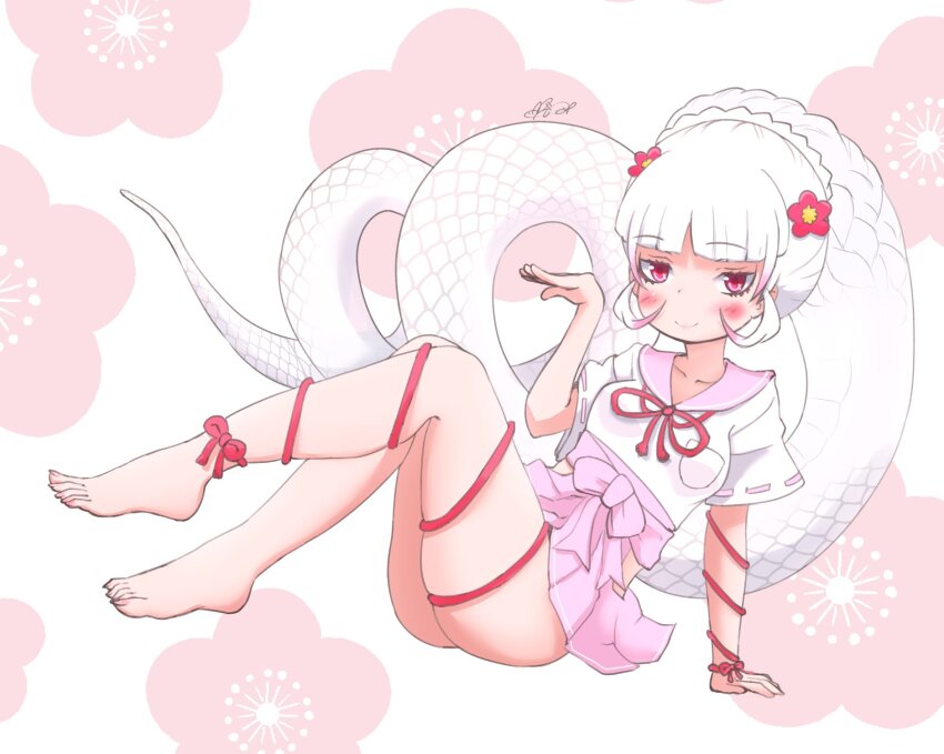 1girl, arm_ribbon, barefoot, blunt_bangs, blush, byakuda_(kemono_friends), clothing_cutout, etobiuo