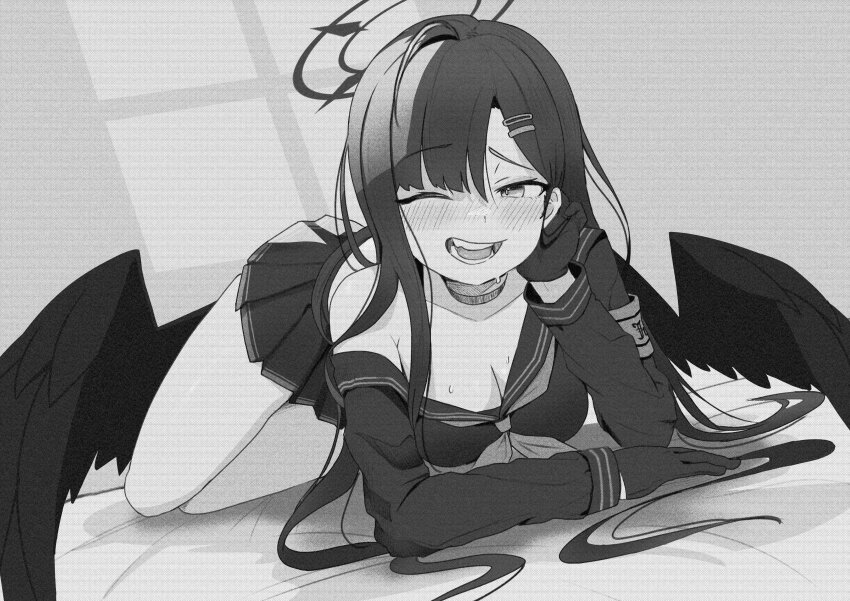 1girl, absurdres, ahoge, arm_support, armband, blue_archive, blush, breasts