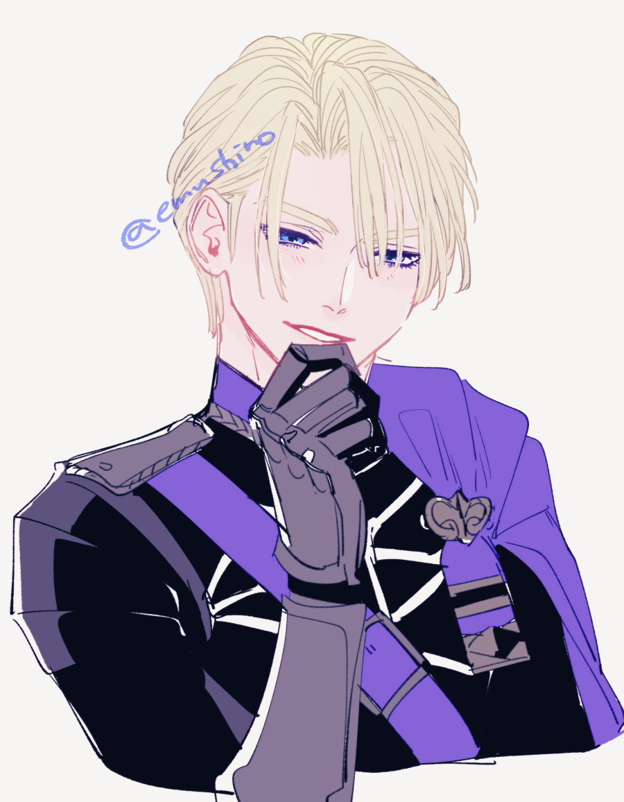 1boy, arm_up, armored_gloves, belt_buckle, black_gloves, black_shirt, blonde_hair, blue_cape