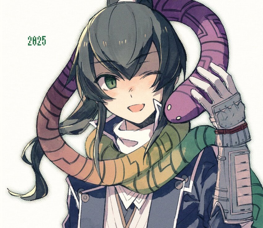 1boy, ;d, armor, black_hair, chinese_zodiac, demon_(megami_tensei), flynn_(megami_tensei), gesshoku3