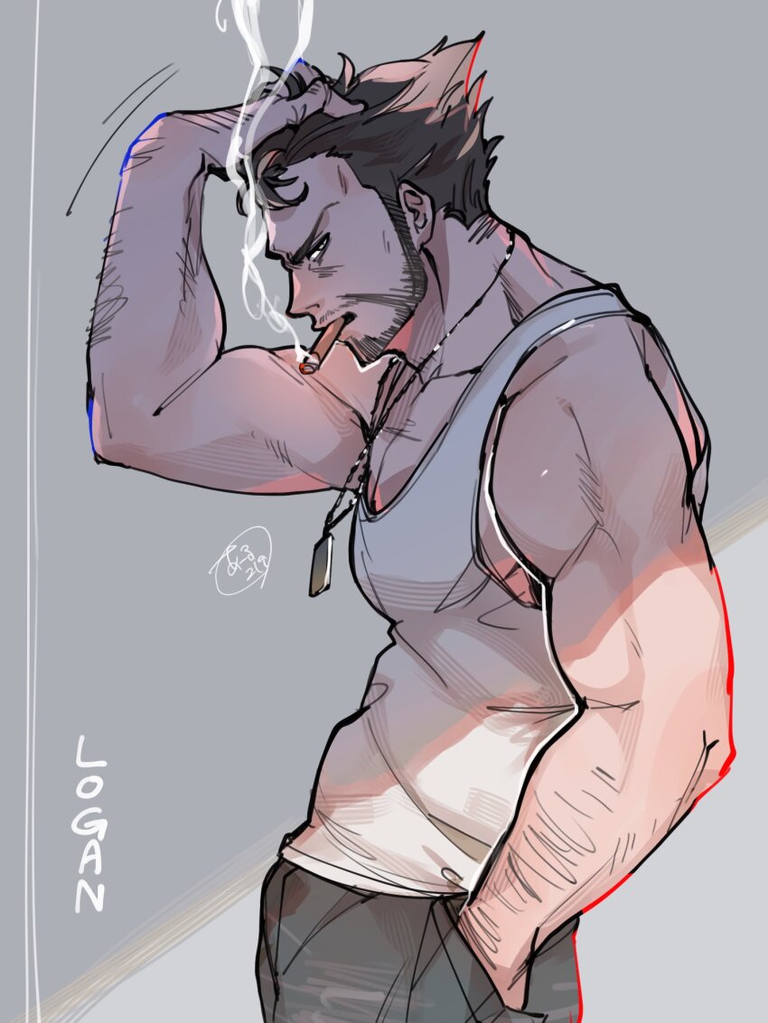 1boy, arm_hair, beard, brown_hair, character_name, cigar, commentary_request, deadpool_&amp;_wolverine