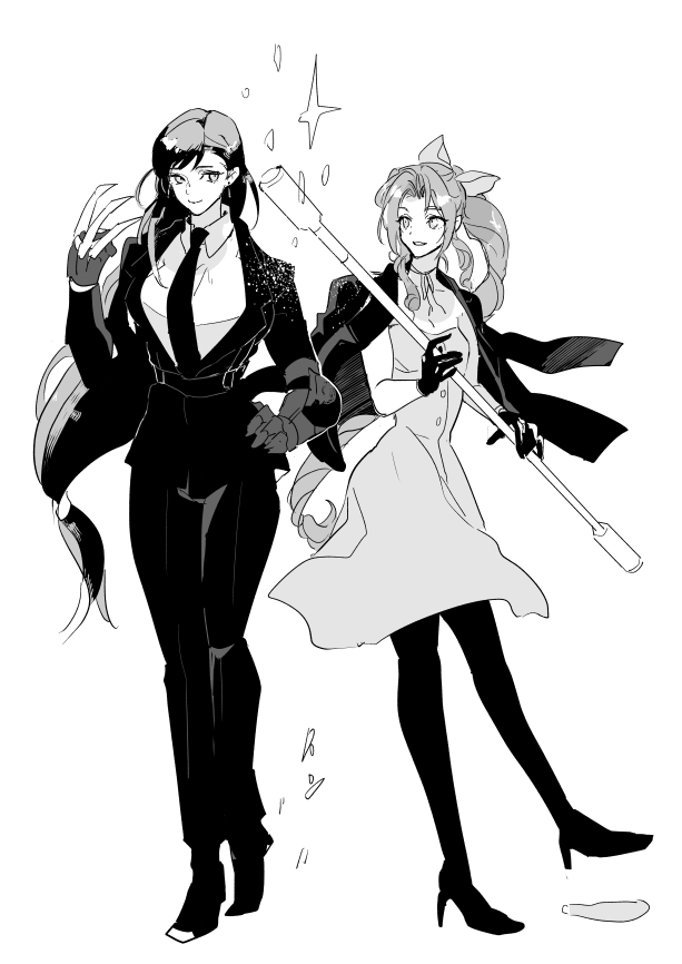 2girls, aerith_gainsborough, alternate_costume, black_footwear, black_jacket, black_necktie, black_pants, black_suit, braid, braided_ponytail, claws, closed_mouth, collared_shirt, dress, dress_shirt, earrings, final_fantasy, final_fantasy_vii, formal_clothes, full_body, gauntlets, gloves, greyscale, hair_ribbon, hand_on_own_hip, high_heels, holding, holding_staff, jacket, jacket_on_shoulders, jewelry, long_hair, looking_at_another, low-tied_long_hair, monochrome, multiple_girls, necktie, pants, parted_bangs, pink_ribbon, ribbon, shirt, sidelocks, single_earring, single_gauntlet, single_glove, smile, sparkle, staff, standing, suit, suit_jacket, tifa_lockhart, white_background, white_shirt, wxz