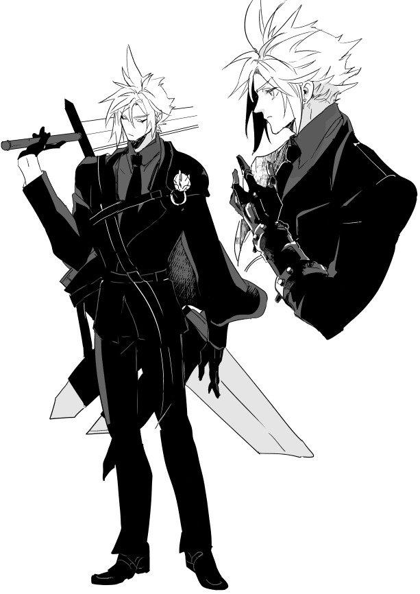 1boy, alternate_costume, black_footwear, black_gloves, black_necktie, black_pants, black_suit, closed_mouth, cloud_strife, cropped_torso, final_fantasy, final_fantasy_vii, formal_clothes, full_body, gloves, grey_shirt, greyscale, holding, holding_sword, holding_weapon, jacket, monochrome, multiple_views, necktie, pants, profile, shirt, spiked_hair, suit, suit_jacket, sword, upper_body, weapon, white_background, wxz