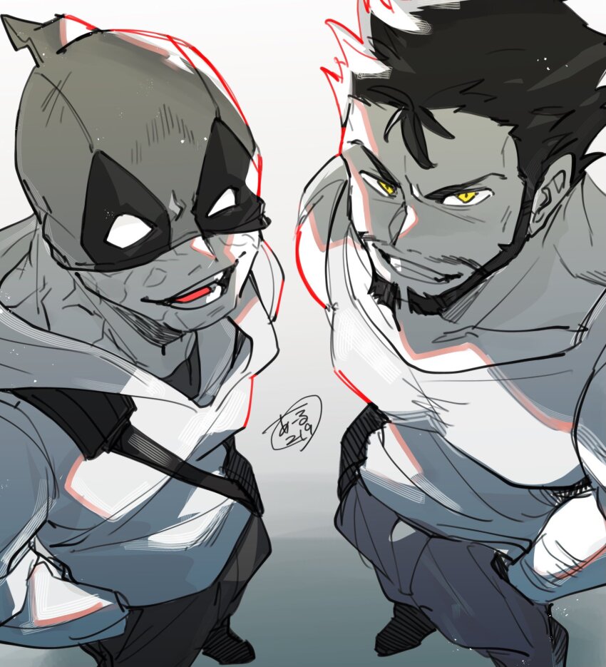 2boys, arm_hair, beard, commentary_request, deadpool, deadpool_&amp;_wolverine, deadpool_(series), facial_hair