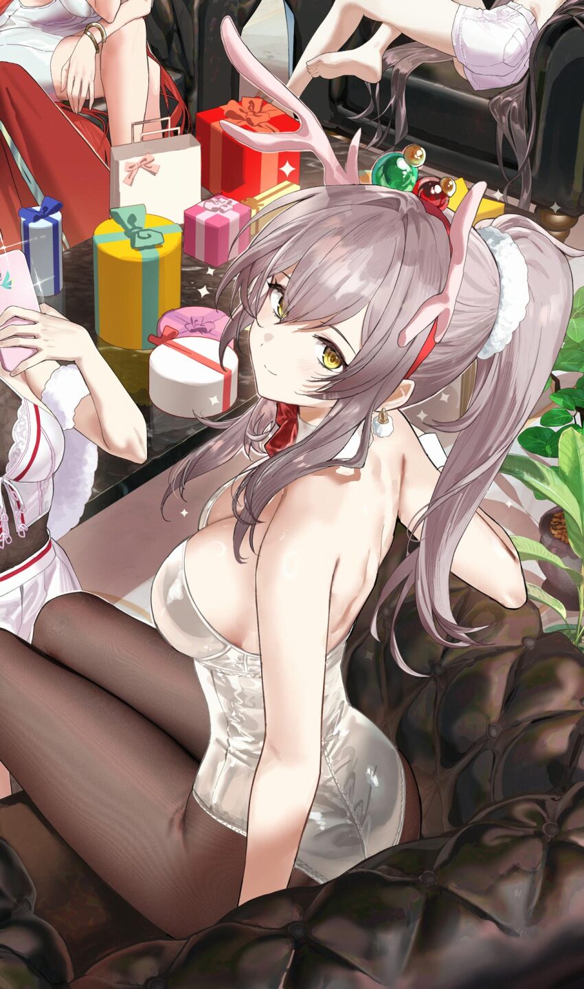 4girls, antlers, barefoot, bow, bowtie, box, bracelet, breasts, christmas_ornaments_in_hair, cleavage, closed_mouth, collar, detached_collar, earrings, gift, gift_box, grey_hair, grey_leotard, highres, holding, holding_phone, honkai:_star_rail, honkai_(series), horns, jewelry, leotard, long_hair, multiple_girls, pantyhose, phone, plant, ponytail, red_bow, red_bowtie, red_hair, reindeer_antlers, salmon88, sitting, sparkle, stelle_(honkai:_star_rail), trailblazer_(honkai:_star_rail), white_collar, yellow_eyes