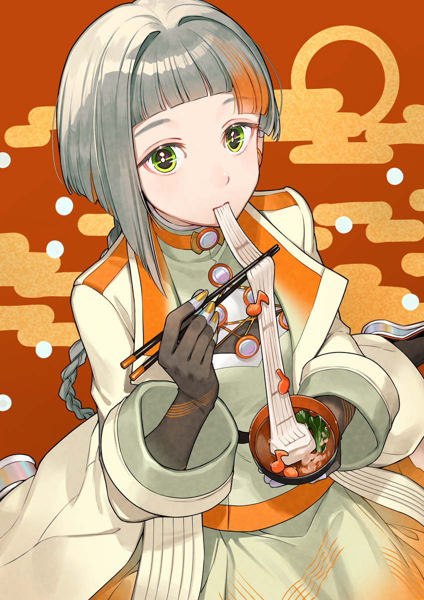 1girl, asymmetrical_bangs, asymmetrical_hair, black_footwear, black_gloves, blunt_ends, bowl, braid, cherico, chis-a, chopsticks, coat, dress, eating, egasumi, eyelashes, fingerless_gloves, fingernails, from_above, gloves, green_dress, green_eyes, grey_hair, hair_intakes, highres, holding, holding_bowl, holding_chopsticks, holding_with_chopsticks, holographic_footwear, iridescent, long_hair, long_sleeves, looking_at_viewer, looking_up, multicolored_hair, musical_note, musical_note-themed_food, open_clothes, open_coat, orange_hair, plain_epaulettes, platform_footwear, red_background, second-party_source, single_braid, sitting, sleeves_rolled_up, solo, musical_staff, two-tone_hair, voisona, wariza, yellow_coat, yellow_nails, zouni_soup