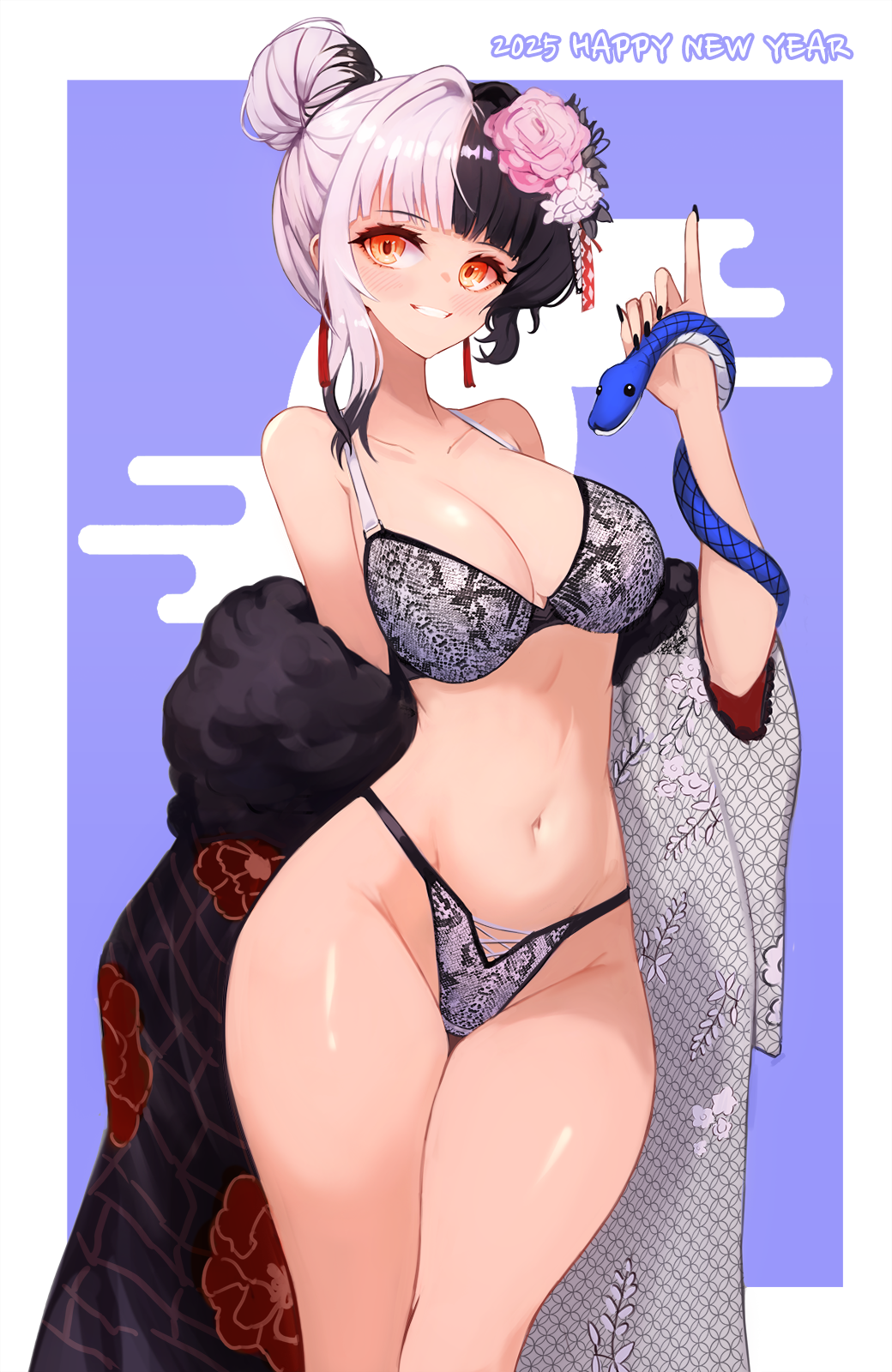 1girl, black_hair, black_kimono, black_nails, bra, breasts, floral_print, flower