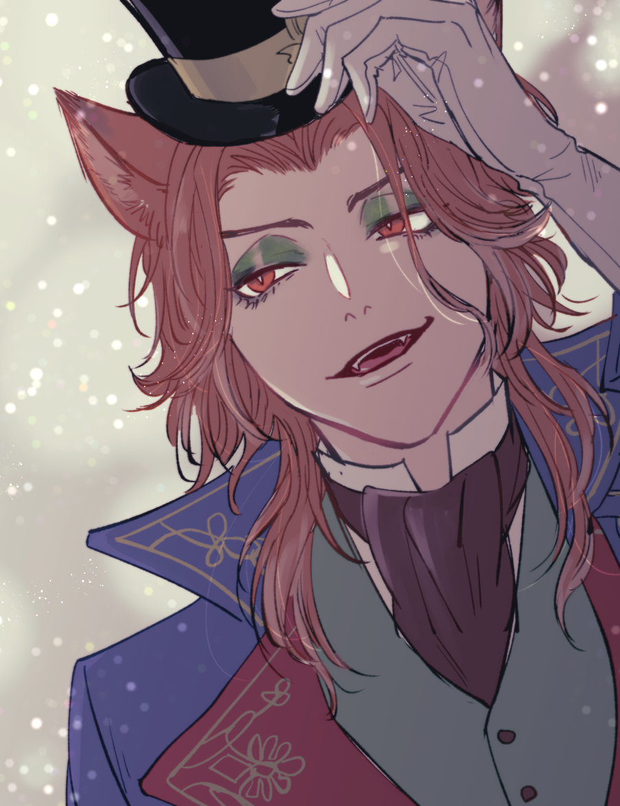 1boy, adjusting_clothes, adjusting_headwear, animal_ear_fluff, animal_ears, arm_up, ascot, black_ascot