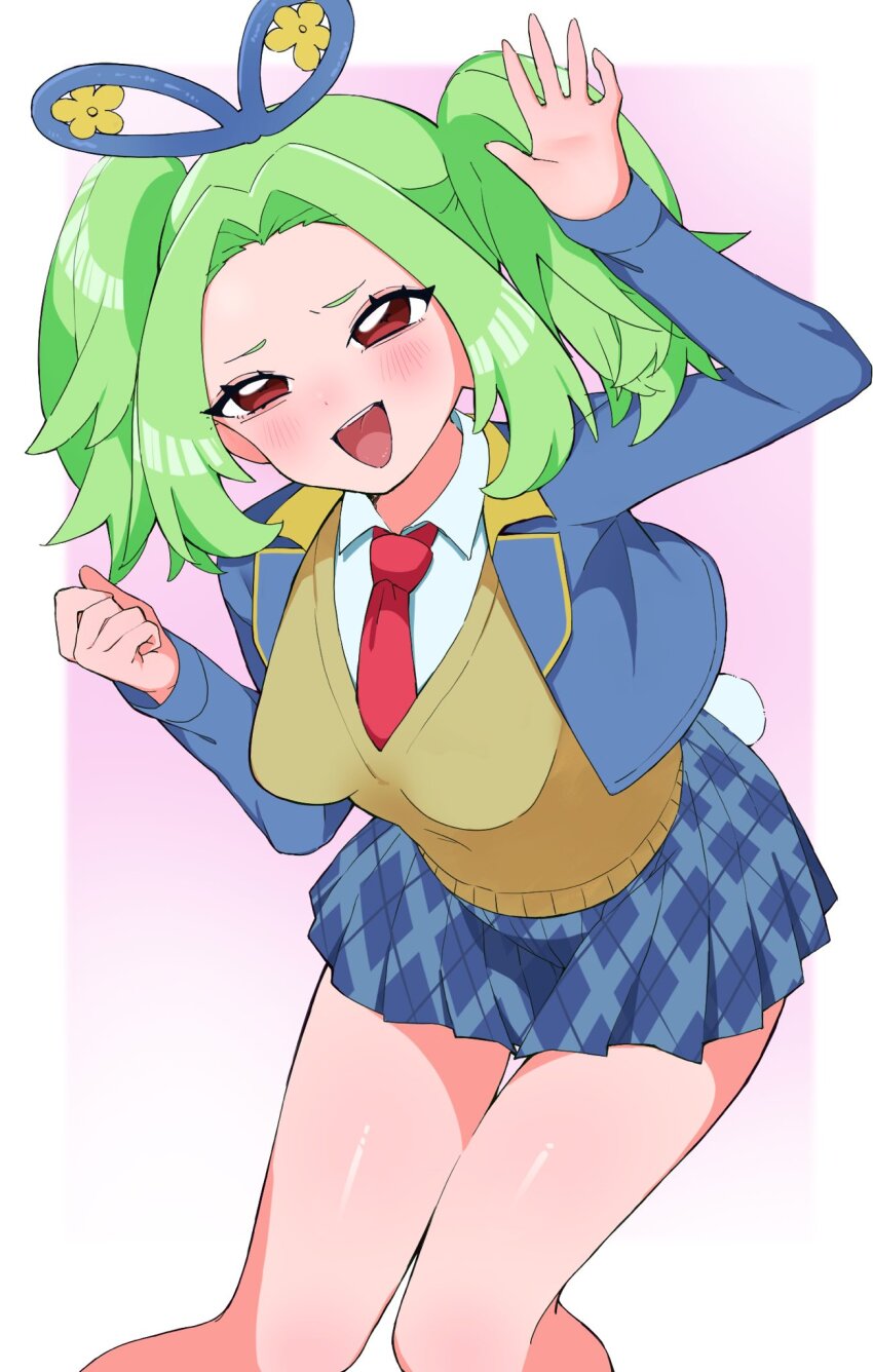 1girl, :d, alternate_breast_size, arm_up, blue_jacket, blue_ribbon, blue_skirt, blush