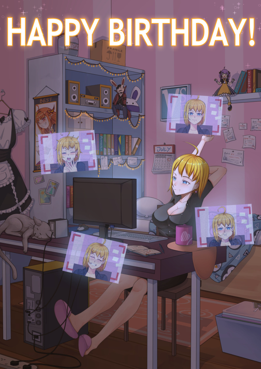 1girl, absurdly_detailed_composition, ahoge, animal_ears, bed, black_shirt, blanket, blonde_hair, blue_eyes, book, bookshelf, box, breasts, brown_pantyhose, calendar_(object), cardboard_box, cat, chair, cleavage, collared_shirt, computer, computer_keyboard, computer_mouse, cup, deat_(vtuber), earrings, emiliana_(vtuber), figure, floating, floating_object, folded_clothes, full_body, hair_behind_ear, hand_to_own_mouth, hanging_scroll, happy, happy_birthday, heart, heart_earrings, highres, hololive, indie_virtual_youtuber, indoors, jar, jewelry, kiryu_coco, large_breasts, loaded_interior, maid, mechanical_pencil, mochi_hiyoko, mochipro, mole, mole_under_eye, mole_under_mouth, monitor, mousepad_(object), notebook, pantyhose, partially_unbuttoned, pencil, photo_(object), pillow, pout, rabbit_ears, rug, screen_light, scroll, shirt, shuazir, single_sidelock, sitting, sleepy, slippers, smile, solo, speaker, stretching, virtual_youtuber, yawning