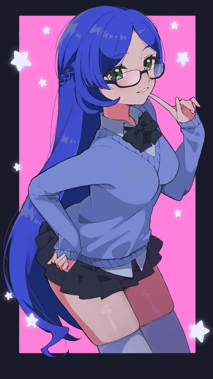 alternate_breast_size, aoba_rinka, arched_back, black-framed_eyewear, black_border, black_bow, black_bowtie, black_skirt