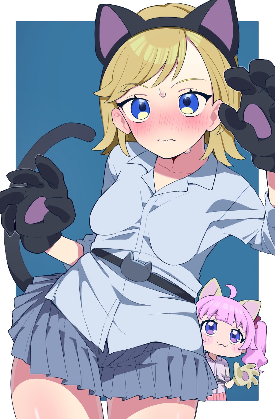 2girls, ahoge, animal_ears, animal_hands, aozora_himari, black_gloves, blonde_hair, blue_eyes