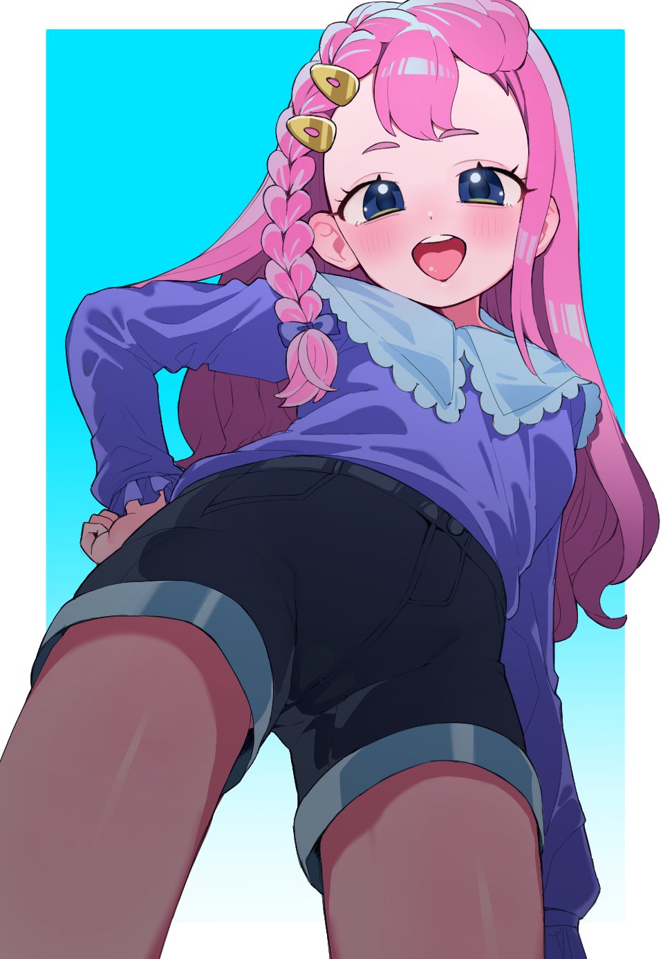 1girl, :d, aozora_hiiro, arm_at_side, black_shorts, blue_background, blue_eyes, blush