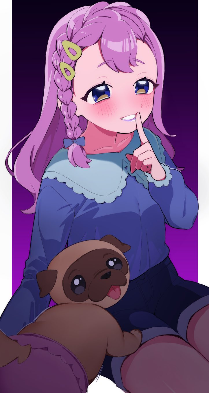 1girl, aozora_hiiro, blue_bow, blue_eyes, blue_shirt, blue_shorts, blush, border