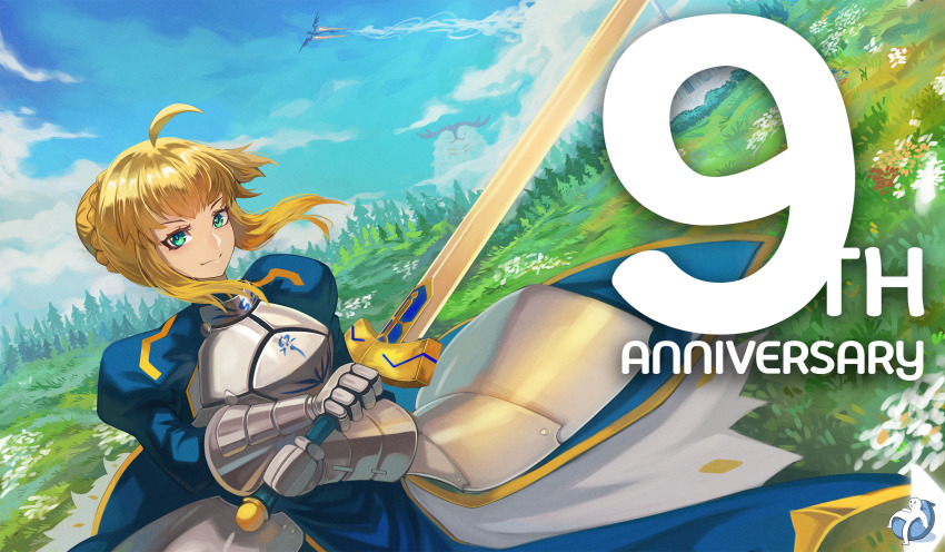 1girl, armor, armored_dress, aroi26, artoria_pendragon_(fate), blonde_hair, braid, braided_bun