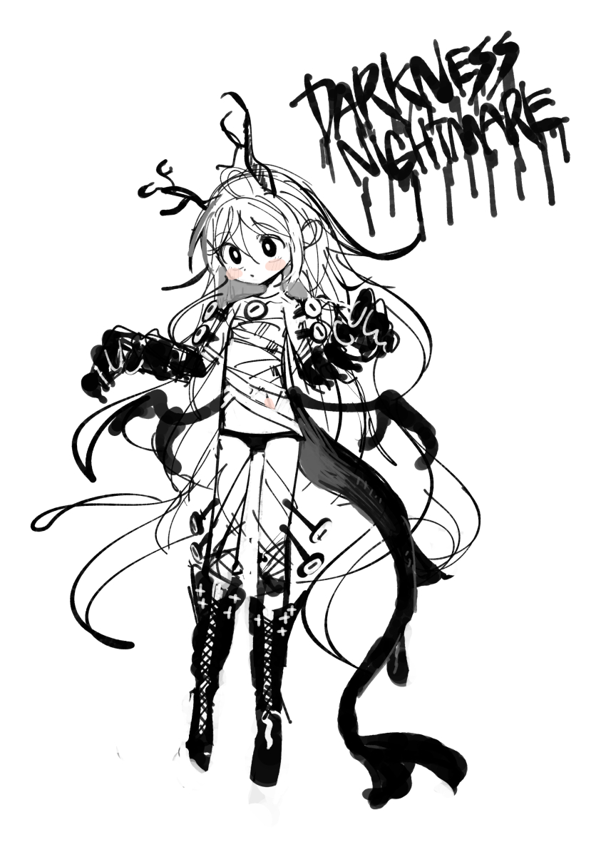 1girl, absurdres, abysmal, bandaged_chest, bikini, bikini_bottom_only, blush_stickers, boots