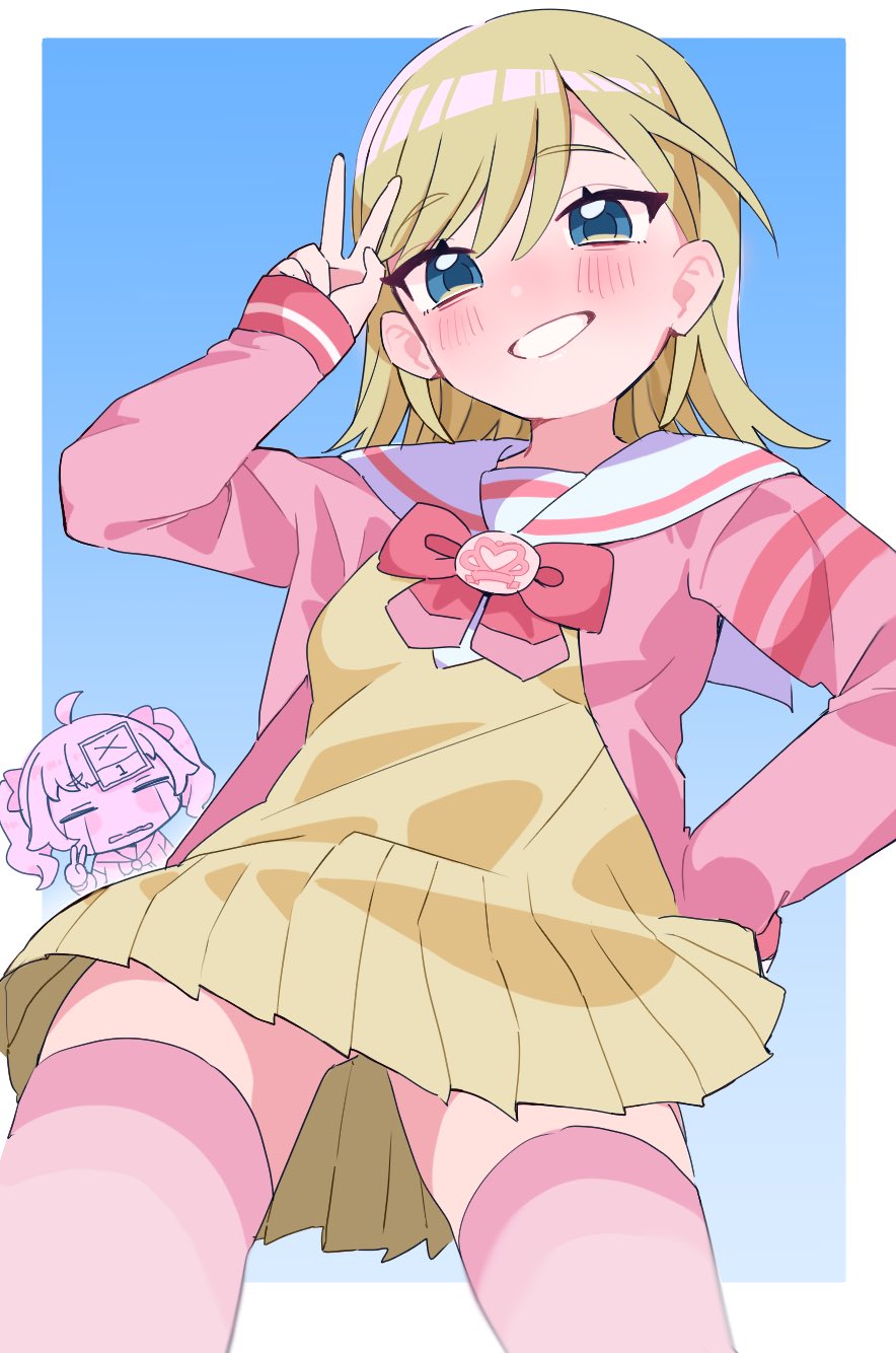 2girls, ahoge, aozora_himari, blonde_hair, blue_background, blue_eyes, blush, border