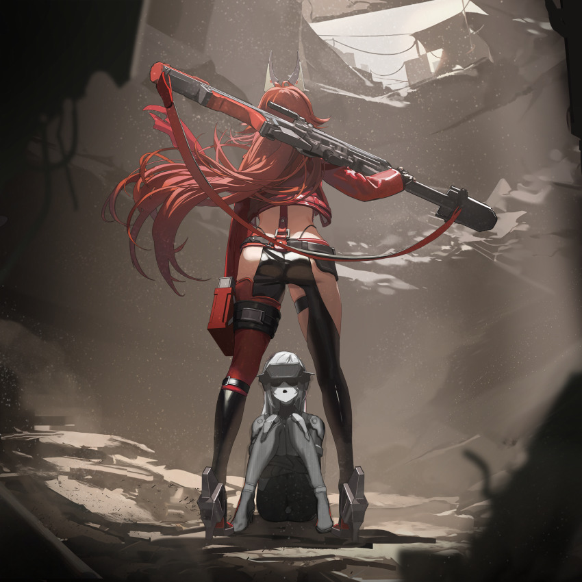 2girls, anti-materiel_rifle, armored_shoes, artist_request, ass, barrett_m82a2, bullpup, clothing_cutout, goddess_of_victory:_nikke, gun, highres, holding, holding_gun, holding_weapon, horns, jacket, leather, leather_jacket, leather_pants, leg_cutout, mass-produced_nikke, mechanical_horns, multiple_girls, non-web_source, official_alternate_design, official_art, pants, rapi_(mass_produced)_(nikke), rapi_(nikke), red_hood_(nikke), rifle, sniper_rifle, visor_(armor), weapon