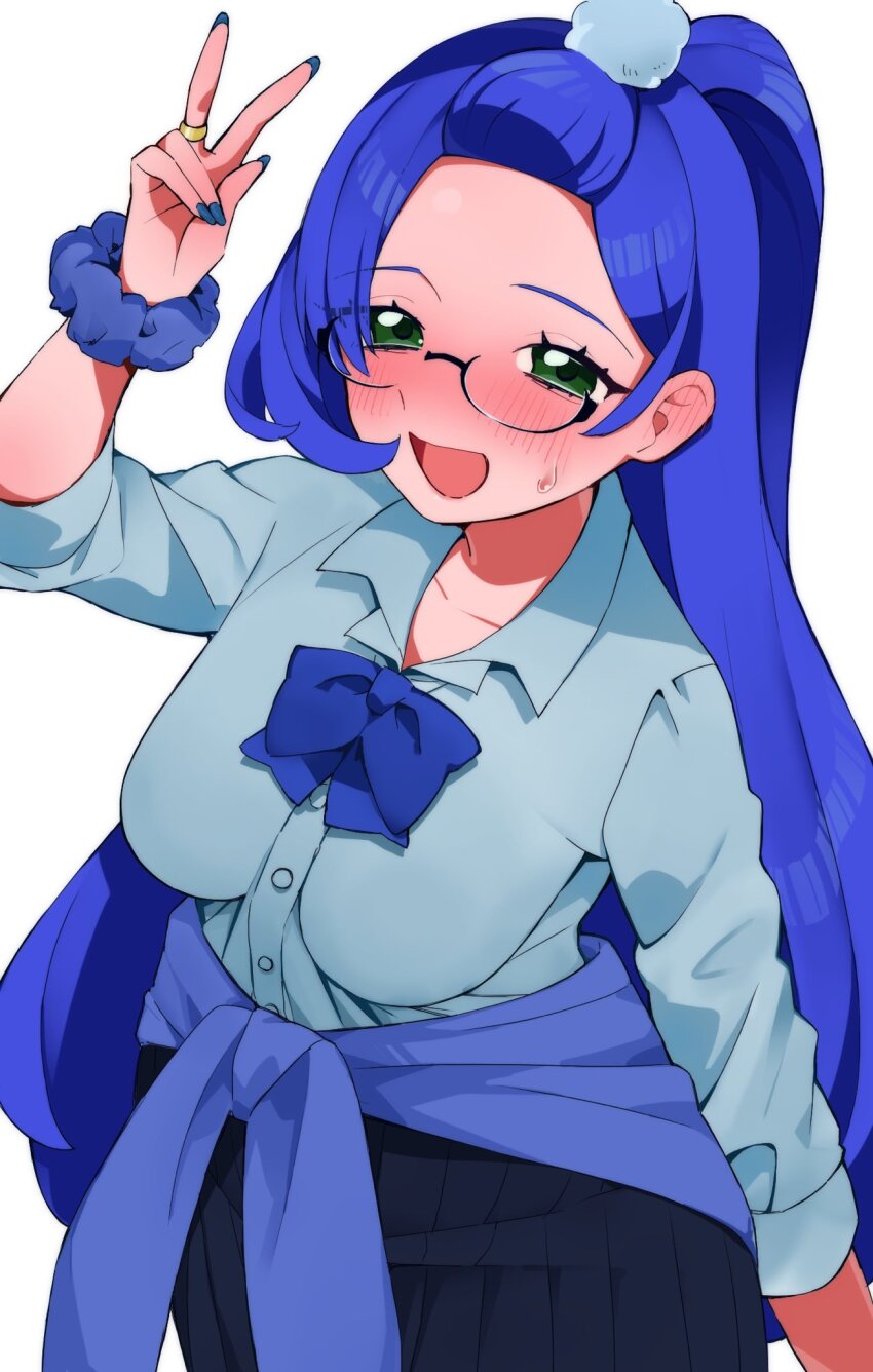 1girl, :d, alternate_breast_size, aoba_rinka, arm_at_side, bangs_pinned_back, black_skirt, blue_bow, blue_hair, blue_jacket, blue_nails, blue_scrunchie, blue_shirt, blush, bow, breasts, breasts_apart, clothes_around_waist, collared_shirt, cowboy_shot, dress_shirt, forehead, green_eyes, half-closed_eyes, hand_up, highres, jacket, jacket_around_waist, jewelry, kiratto_pri_chan, large_breasts, long_hair, long_sleeves, looking_at_viewer, michi_no_ji, nose_blush, open_mouth, pleated_skirt, pretty_series, ring, sagging_breasts, school_uniform, scrunchie, shirt, shirt_bow, simple_background, skirt, sleeves_rolled_up, smile, solo, standing, straight_hair, sweatdrop, v, white_background, wrist_scrunchie