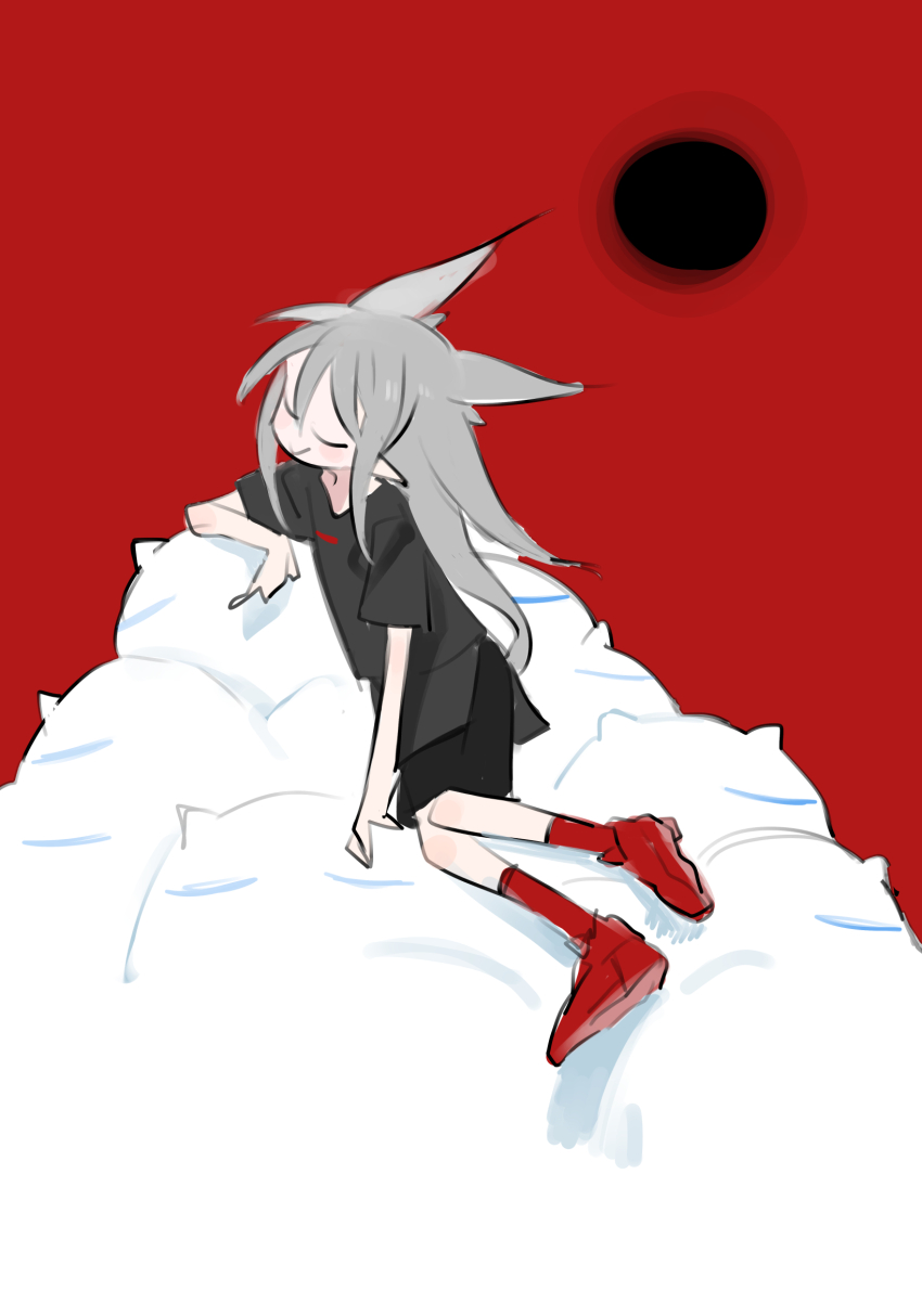 1girl, abysmal, black_circle, black_shirt, black_skirt, blush, closed_eyes, closed_mouth