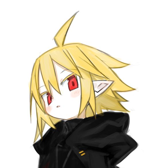 1girl, ahoge, black_cloak, blonde_hair, blush, blush_stickers, chrogire/girection, cloak