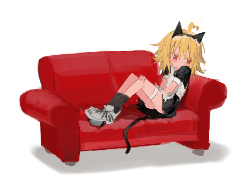 1girl, ahoge, alternate_costume, animal_ear_hairband, animal_ears, apron, ass, averting_eyes, bandaid, bandaid_on_knee, bandaid_on_leg, black_dress, black_socks, blonde_hair, cat_ear_hairband, cat_ears, cat_tail, chrogire/girection, closed_mouth, couch, dress, embarrassed, enmaided, fake_animal_ears, fake_tail, from_side, full_body, hairband, heart, heart_ahoge, knees_up, kokaki_mumose, looking_to_the_side, maid, maid_apron, medium_hair, natsuka_(chrogire), on_couch, reclining, red_eyes, shoes, short_dress, simple_background, sneakers, socks, solo, tail, thigh_strap, white_apron, white_background, white_shoes