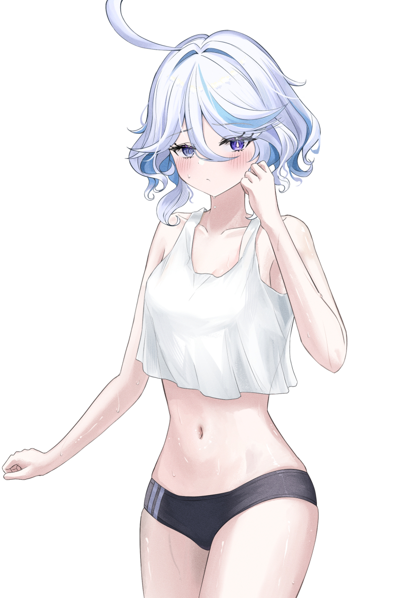 1girl, absurdres, ahoge, alternate_costume, black_shorts, blue_eyes, blue_hair, blush, camisole, closed_mouth, collarbone, commentary_request, cowboy_shot, dolphin_shorts, furina_(genshin_impact), genshin_impact, heterochromia, highres, light_blue_hair, morocha1130, multicolored_hair, navel, short_hair, shorts, smile, solo, stomach, sweat, thighs, two-tone_hair, white_camisole