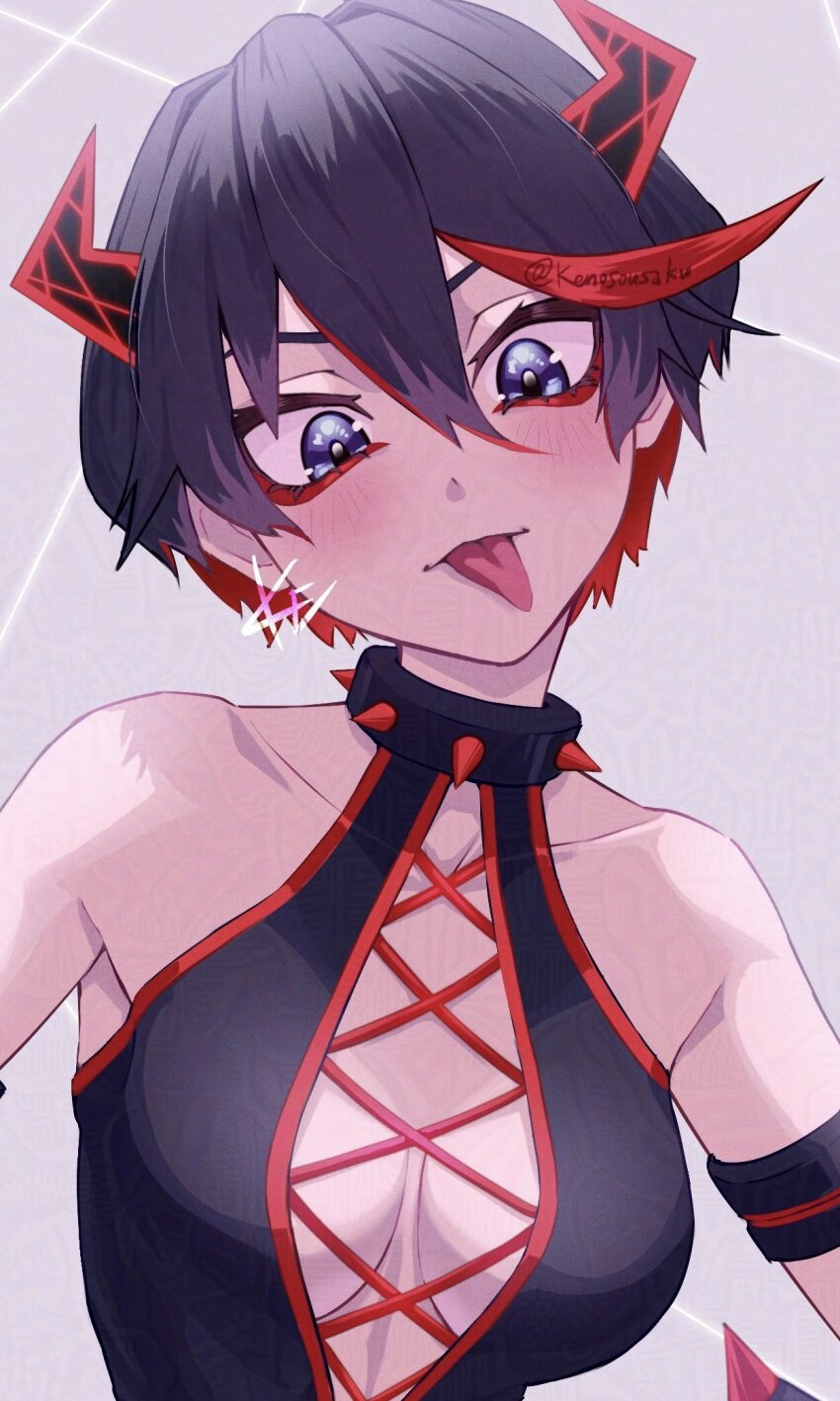 1girl, :p, bare_shoulders, black_hair, blue_eyes, breasts, collar, collarbone