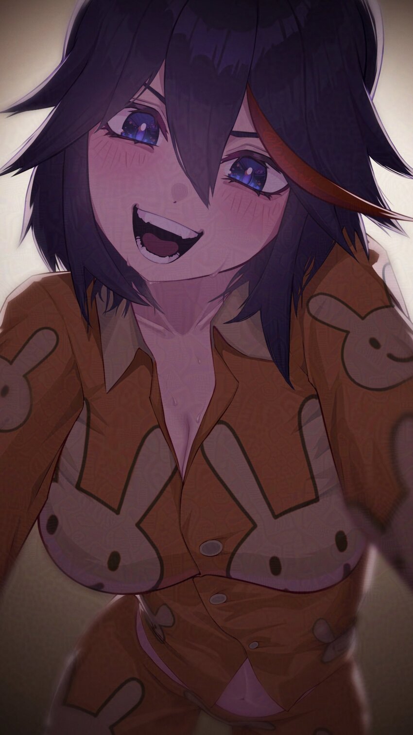 1girl, absurdres, alt_text, animal_print, blue_eyes, blue_hair, blush, breasts