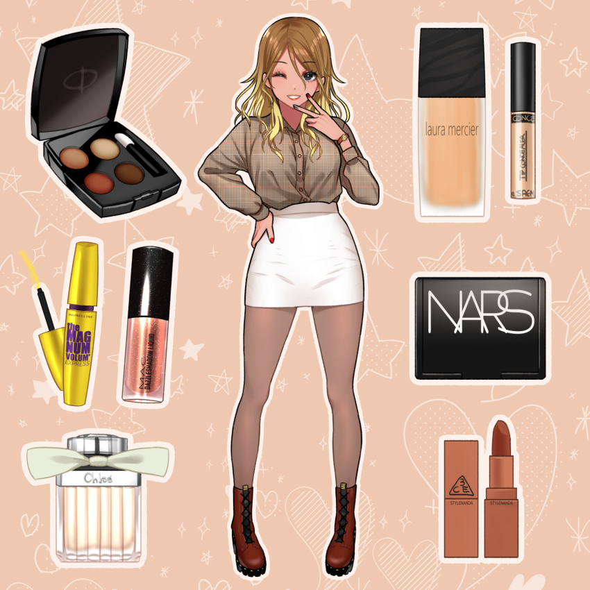 1girl, ;), aegyo_sal, black_eyes, black_nails, blonde_hair, rouge_(makeup), boots