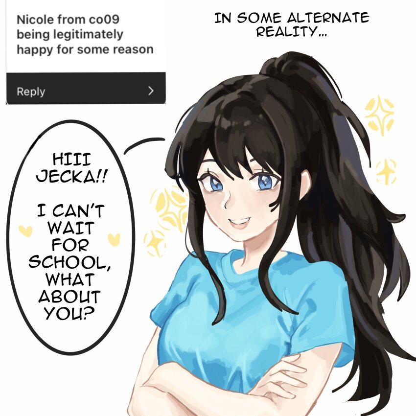 1girl, alternate_universe, black_hair, blue_eyes, class_of_09, crossed_arms, heart, highres