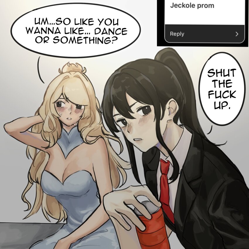 2girls, arm_behind_head, black_hair, black_jacket, blonde_hair, blush, breasts, can