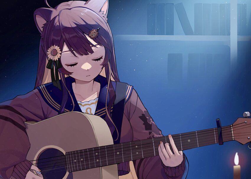 1girl, acoustic_guitar, animal_ear_fluff, animal_ears, bear_hair_ornament, black_sailor_collar, blonde_hair, bookshelf