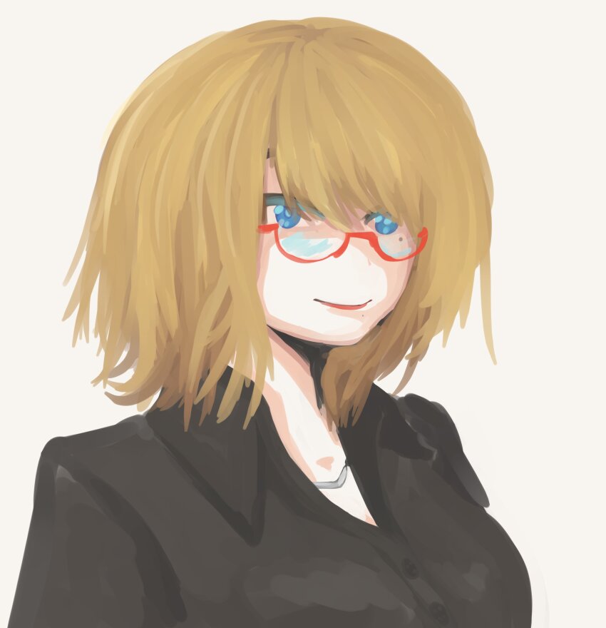 1girl, absurdres, black_shirt, blandbash, blonde_hair, blue_eyes, breasts, buttons, collared_shirt, emiliana_(vtuber), glasses, highres, indie_virtual_youtuber, jewelry, large_breasts, mole, mole_under_eye, mole_under_mouth, necklace, non-web_source, painterly, portrait, red-framed_eyewear, shirt, silver_necklace, smile, solo, white_background