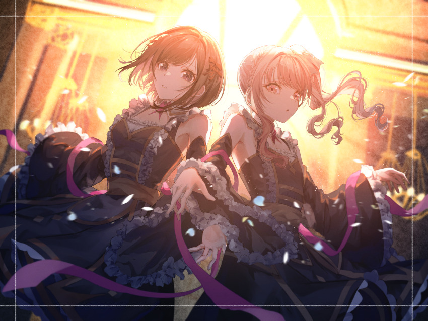 1girl, 1other, absurdres, akiyama_mizuki, backlighting, brown_eyes, brown_hair, detached_sleeves, dress, gehenna_(vocaloid), highres, looking_at_viewer, official_alternate_costume, parted_lips, pink_eyes, pink_hair, pink_ribbon, project_sekai, ribbon, shinonome_ena, side_ponytail, sidelocks, swept_bangs, wide_sleeves, yuzuha_wasa