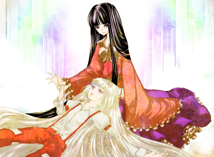 2girls, colored_eyelashes, eyelashes, female_focus, fujiwara_no_mokou, hikaru_(pixiv853286), holding_another's_wrist, houraisan_kaguya, knee_pillow, lap_pillow, long_hair, lying, multiple_girls, touhou, very_long_hair, wide_sleeves