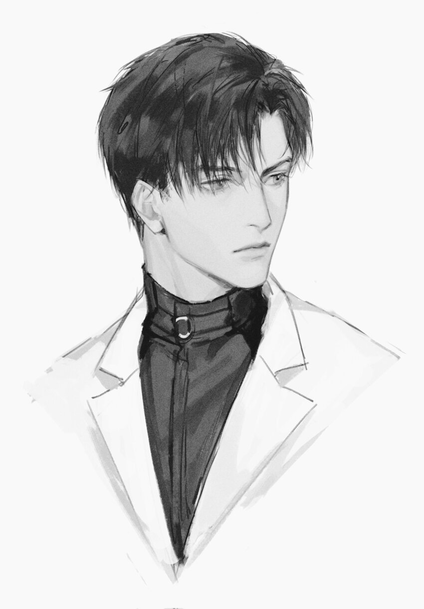 1boy, collared_shirt, greyscale, highres, lips, looking_to_the_side, love_and_deepspace, male_focus