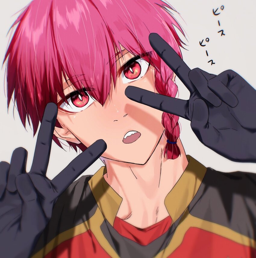 1boy, bl_111252, black_gloves, blue_lock, braid, double_v, gloves, grey_background