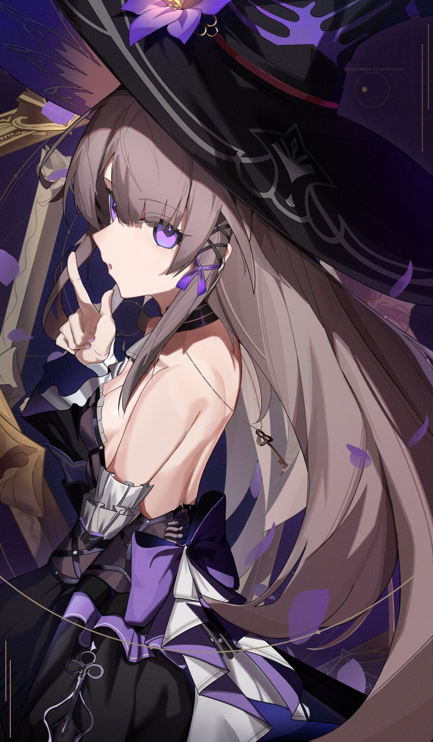 1girl, :o, absurdres, backless_dress, backless_outfit, bare_back, black_dress, black_hat