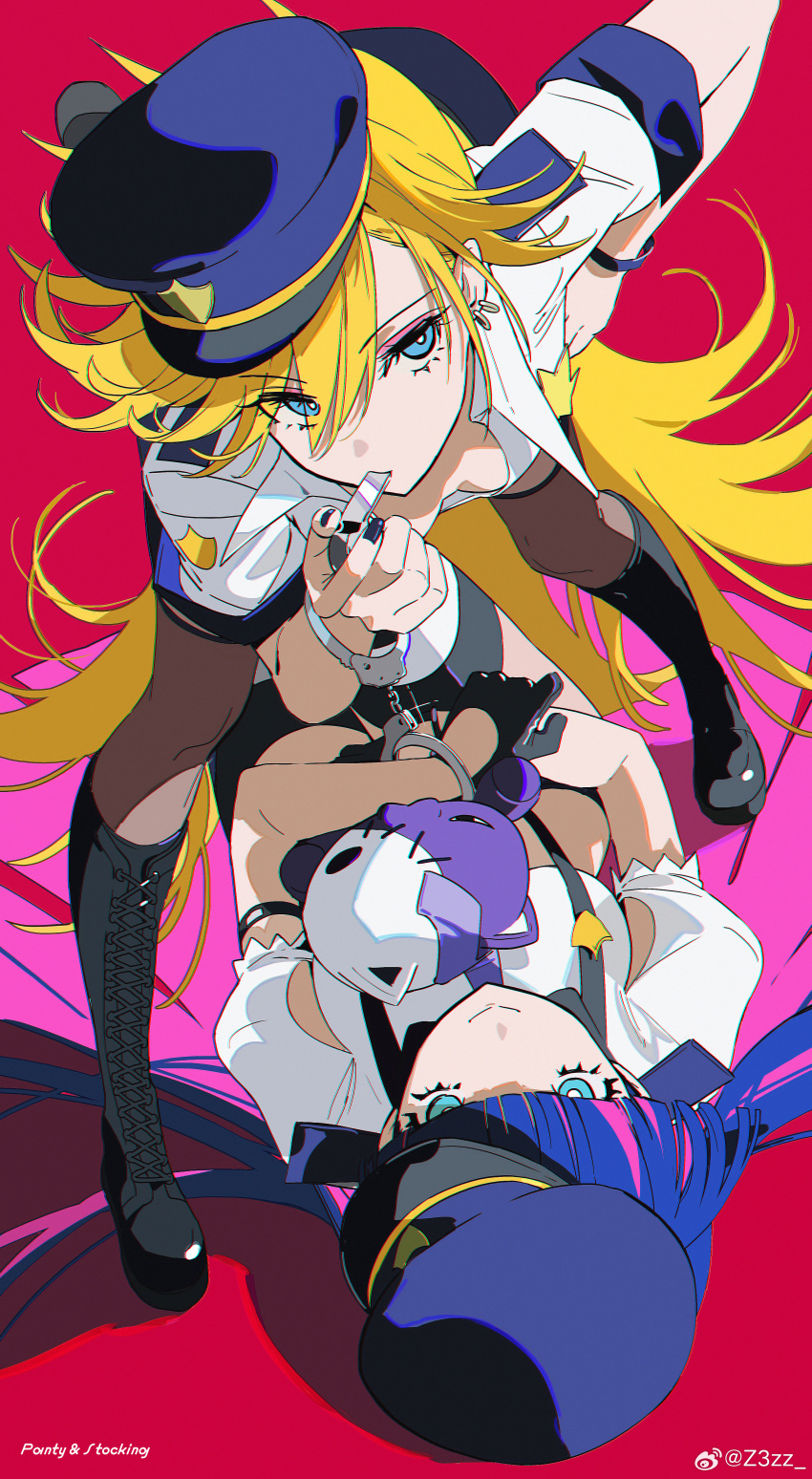 2girls, absurdres, alternate_costume, black_footwear, black_thighhighs, blonde_hair, blowing_whistle, blue_eyes